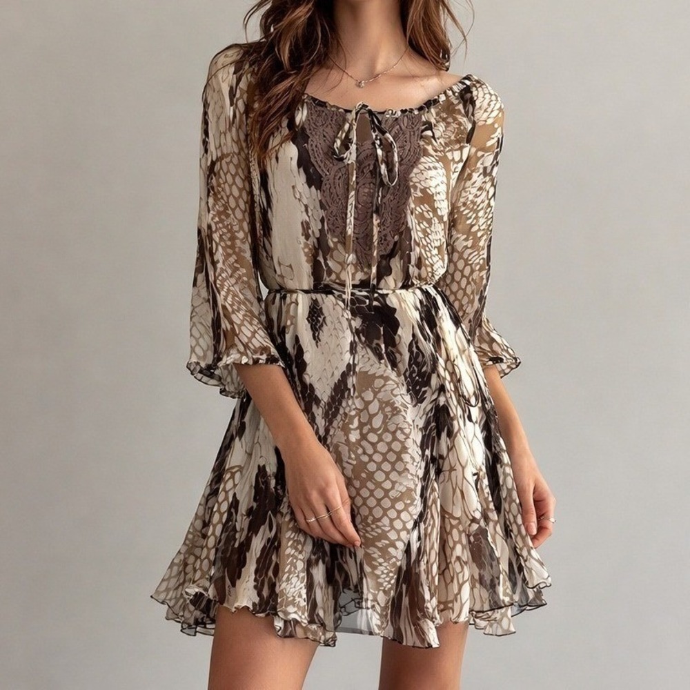 Y2K Hale Bob Silk Boho Luxe Snakeskin Dress Earthy Goddess Handkerchief Hem XS